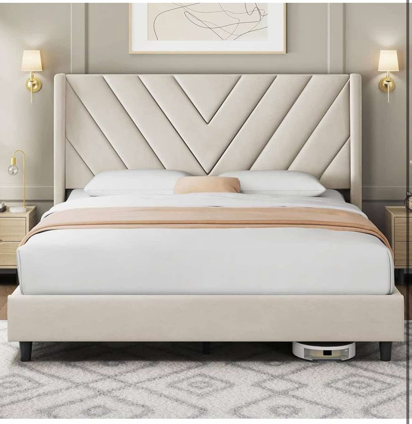 Queen Bed Frame Upholstered Platform Bed with Wing Side , Beige