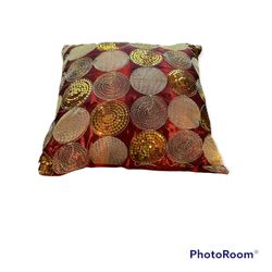 Dark red pillow with gold accents 16” X 16”