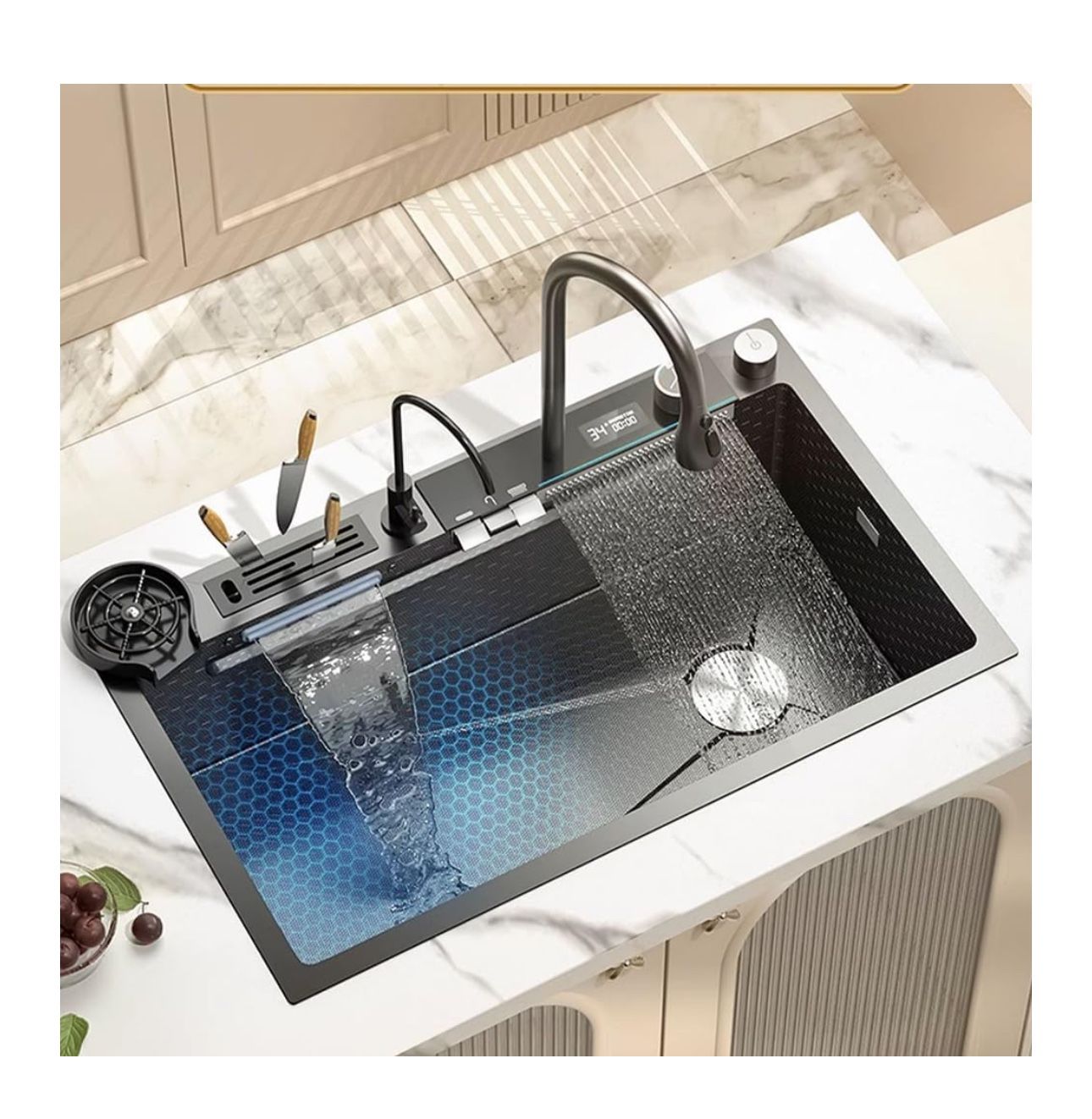 Stainless Steel Waterfall Kitchen Sink Single Bowl Digital...