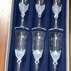 J.G Durand Set of  6  French Satin Crystal Champagne Flutes 