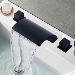 Double-Handle Tub Deck Mount Roman Tub Faucet Waterfall Bathtub Filler in Matte Black F8