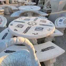 Concrete Mosaic Picnic Table with 3 Benches/ Outdoor Patio Furniture
