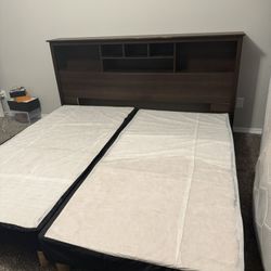 ing-size bed setup for sale including headboard, bed frame, and two twin XL bases that make up the king foundation.