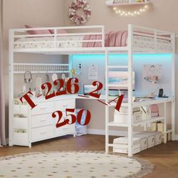 Afuhokles Full Size High Bed with U-Shaped Desk, 6 Storage Drawers, Power Outlet, Metal Bed with LED Lights with 2 Storage Shelfs, Bed with Security R