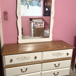 Girls Bedroom Furniture Set – Twin Bed + Mattress and Floral Dresser w/Mirror