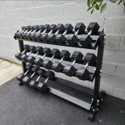 5-50lbs Rubber Hex Dumbells | Heavy-Duty Dumbell Rack Included | Gym Equipment | Fitness | Squat Rack | FREE DELIVERY 🚚 