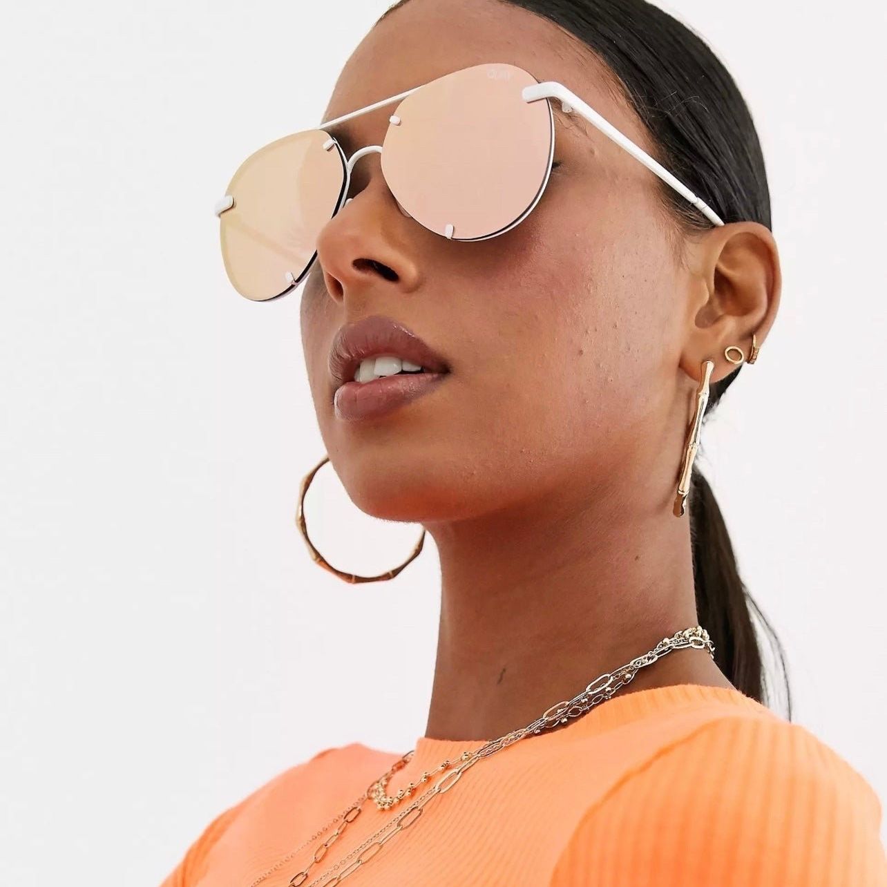 Quay Australia Rebelle Aviator Sunglasses - White Frames & Rose Gold Lenses Quay Rebelle Bright White Frame/Rose Flash Lenses Aviator  main image 4