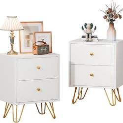224 White Nightstand Set of 2, White and Gold Night Stand with 2 Drawers, Modern End Table with Metal Legs and Gold Handles, Bedside Table for Bedroom