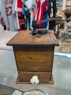 Vintage Wooden Coffee Grinder Hand Crank Cast Iron Burr Mill Drawer Antique