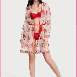 Victoria Secret Floral Embroidery Sheer Mesh Robe