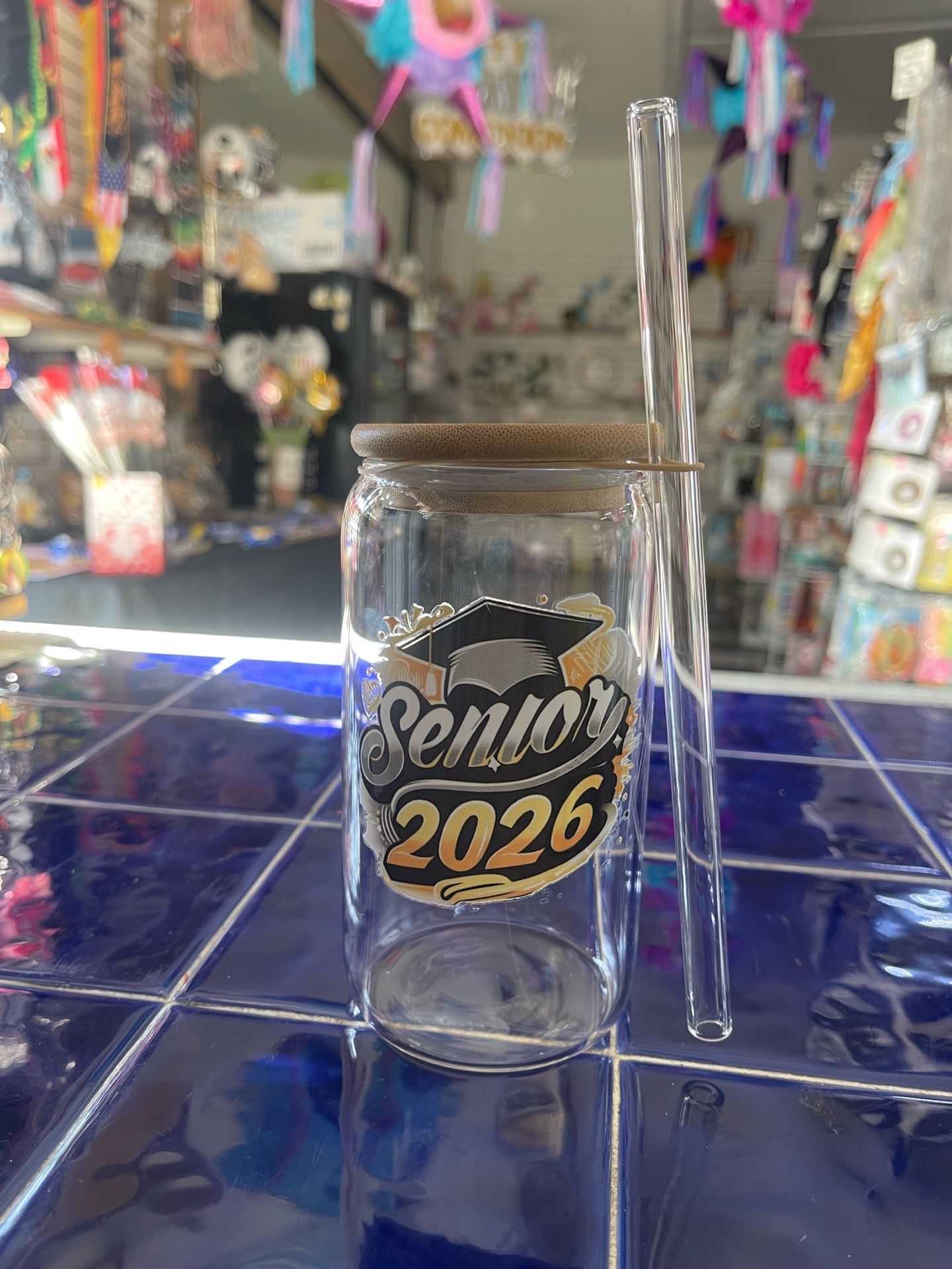 Graduation 2026 glass jar with lid and straw