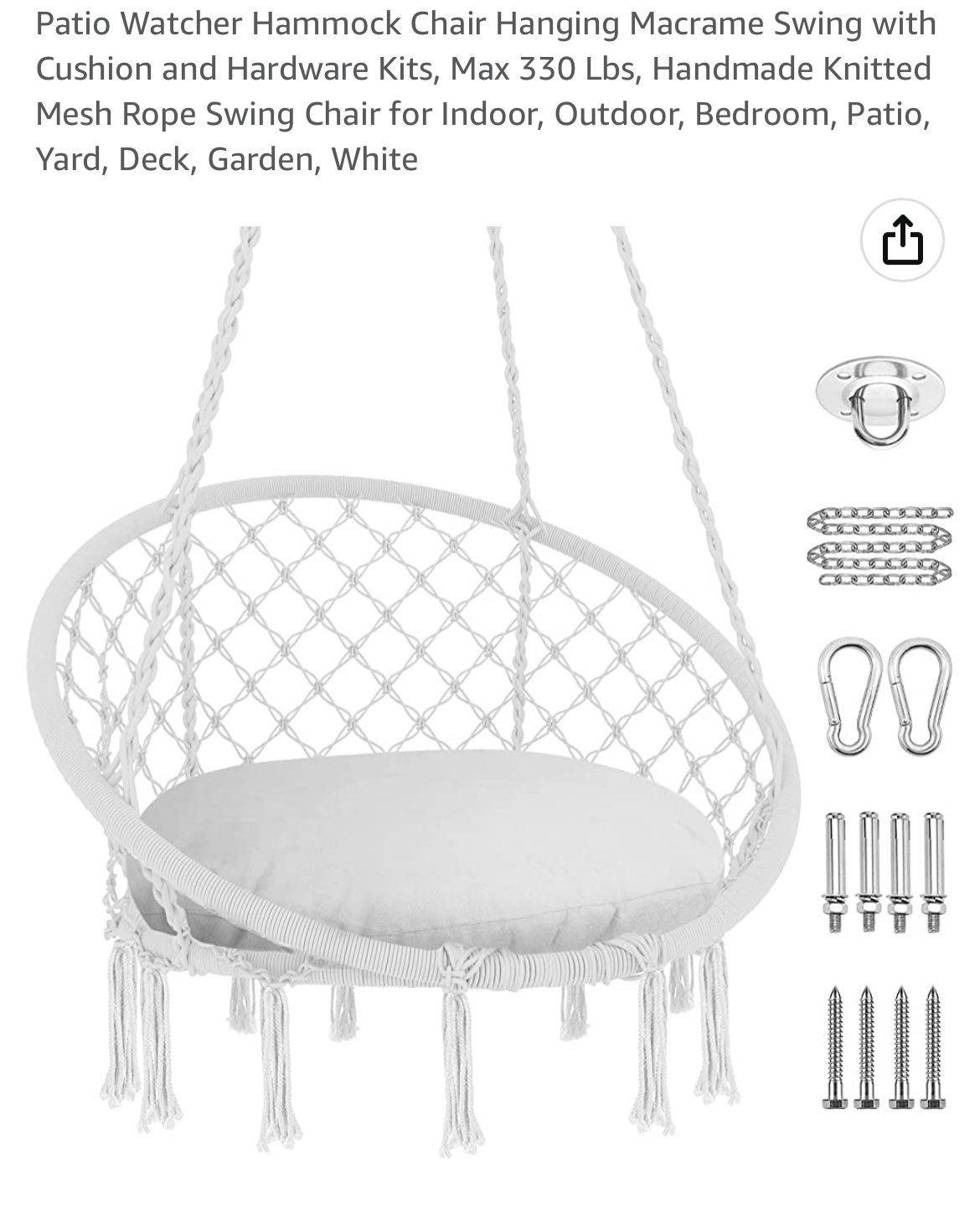 Patio Watcher Hammock Chair Hanging Macrame Swing with Cushion and