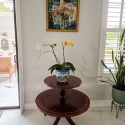 Vintage 2-Tier Leather Top Side Table