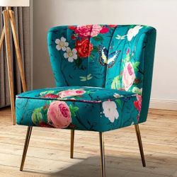 Beautiful Accent Chair with Golden Metal Legs, Comfy Tufted Wingback Living Room Chair Floral Fabric Small Armless Side Chair, Upholstered Slipper Cha