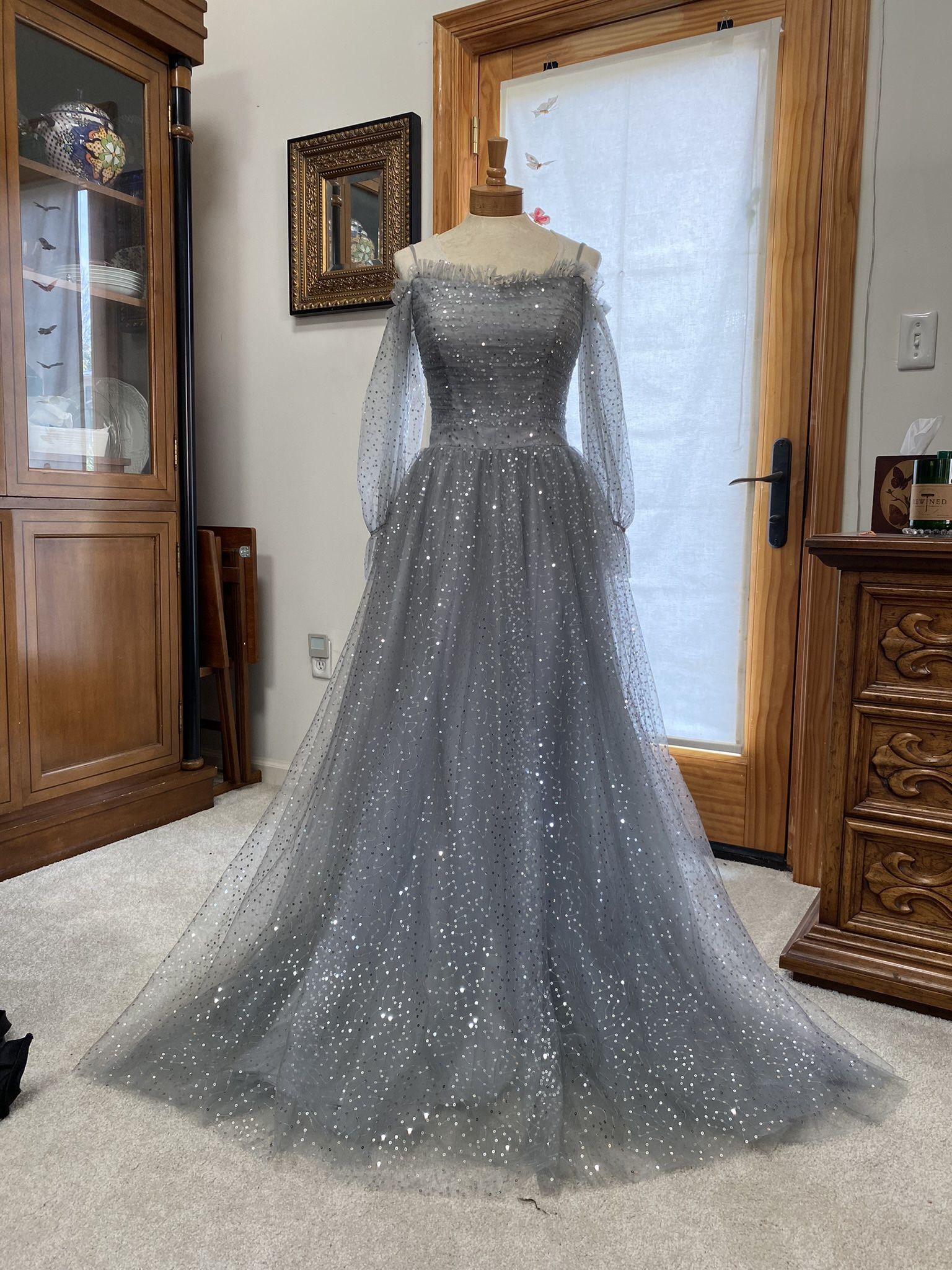 silver prom dress a line spaghetti straps brand new lace up closure size 8 