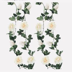 🌹 2 Beautiful Silk Rose Hanging Vines 5’ 9” Long for Wedding 💍 or Party Background on pillars, or Arch , Garden Background Decoration too (White)