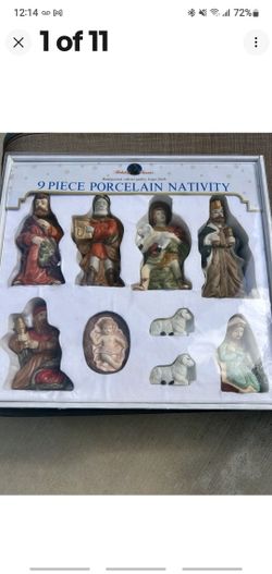 Holiday Classics 9 Piece Porcelain Nativity Figurines. Hand Painted, Collector Quality With A Bisque Finish.