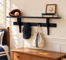 Navy Blue Wood Wall Shelf with Hooks