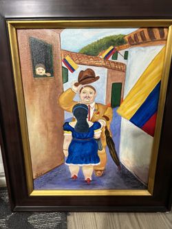 Botero Style - Bolerismo Oil Painting With Custom Frame