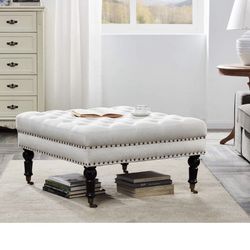 Modern 34 Inch Square Linen Ottoman with Caster Wheels, Contemporary Classic Footsool Bench with Button Tufted Top, Nailhead Trim, Wood Legs - Ravenna