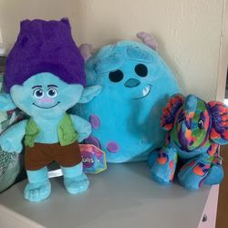 Lot of 3 Troll stuffy with tags, Sully Squishmallow and Pop-Art Elephant. EUC