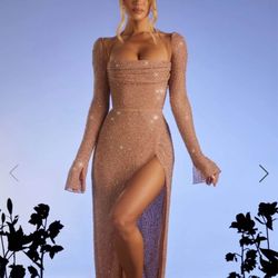 Embellished Cowl Neck Maxi Dress (Nude) 