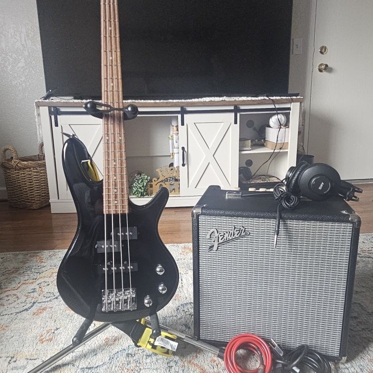 Ibanez Bass With Stand, Speaker, And Head Phones