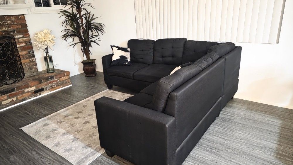 Black L Shape Sofa Living Room Set Couch Good Condition