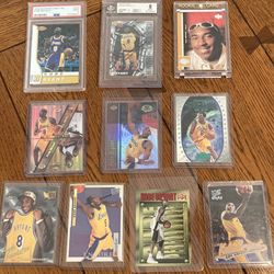 Lot Of 10 Kobe Bryant Cards with 1996 rookies, two refractors, PSA 9 and BGS 8 rookies, and inserts! Manufacturers include Topps Upper Deck Finest Bow