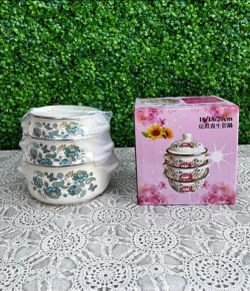 Set Of 3 Enamel Pots With Lids/  Set De 3 Ollas Con Tapaderas