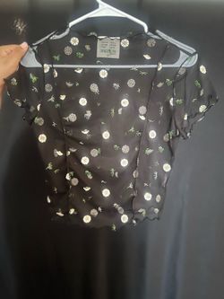 French Pastry Black Sheer Mesh Embroidered Daisy Top - Size S