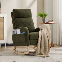 [Free shipping] Modern rocking chair, solid wood leg design, living room leisure armchair with high backrest  (Dark green, teddy)
