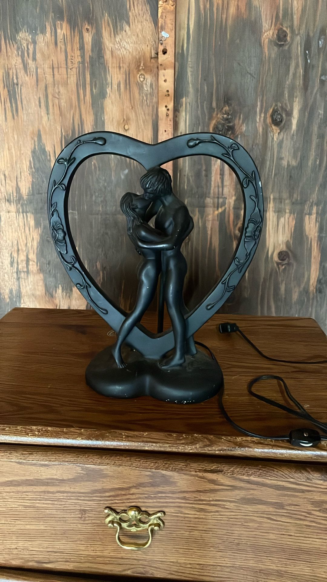 Vintage Heart Lamp Kissing Lovers Art Deco Nouveau Black Table Light Nude Couple