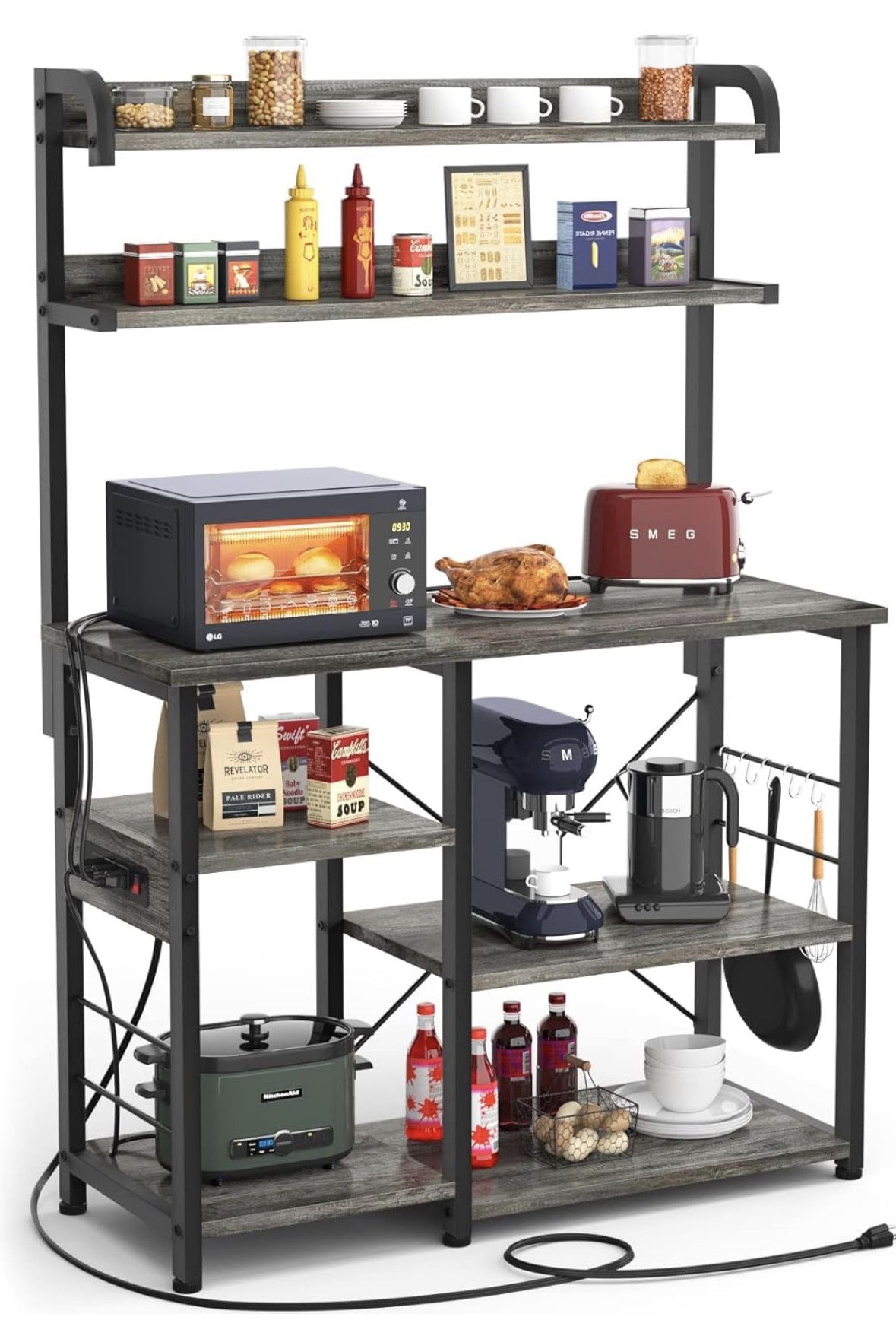 Baker's Rack with Power Outlet, Coffee Station, Microwave Oven Stand, Kitchen Shelf, Cart, 7-Tier Stand or Bar Table Organizer, for Spice, Pots and Pa