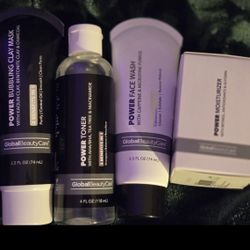 4pc Global Beauty Care POWER  Face Wash, Toner, Moisturizer, Bubbling Clay Mask 