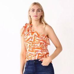 NWT Nine West Vibrant Orange One-Shoulder Blouse size M  Eye-catching one-shoulder blouse with bold orange zebra pattern. Ideal for a trendy look. Fea