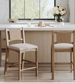 Nathan James Elodia Boho Counter Height Bar Stool with Back, Woven Seagrass Backrest and Solid Wood