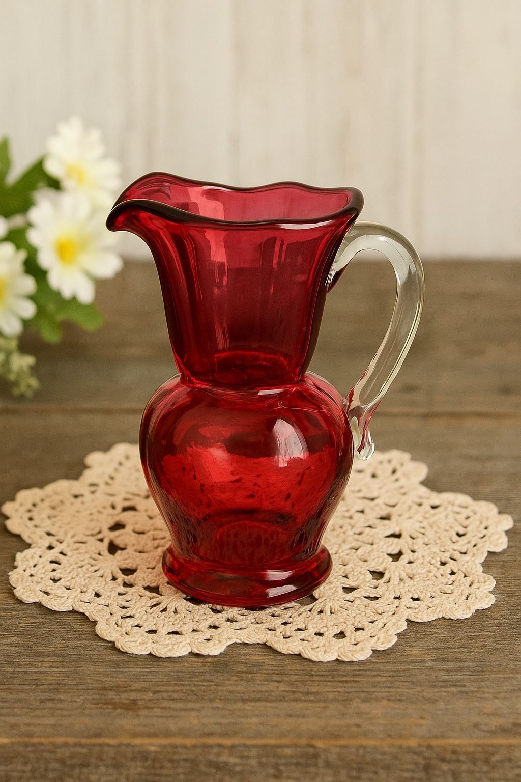 Pilgrim Glass 1960s Cranberry Art Glass Miniature Pitcher Applied Handle, 3x5.5”