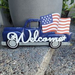 New Outdoor Patriotic Blue Truck with USA Flag Galvinized Metal Welcome Sign