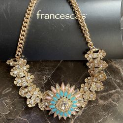 New Francesca's Gold Tone White Rhinestone Studded Necklace With Pink, Blue Acrylic Cabucon Studded Centerpiece