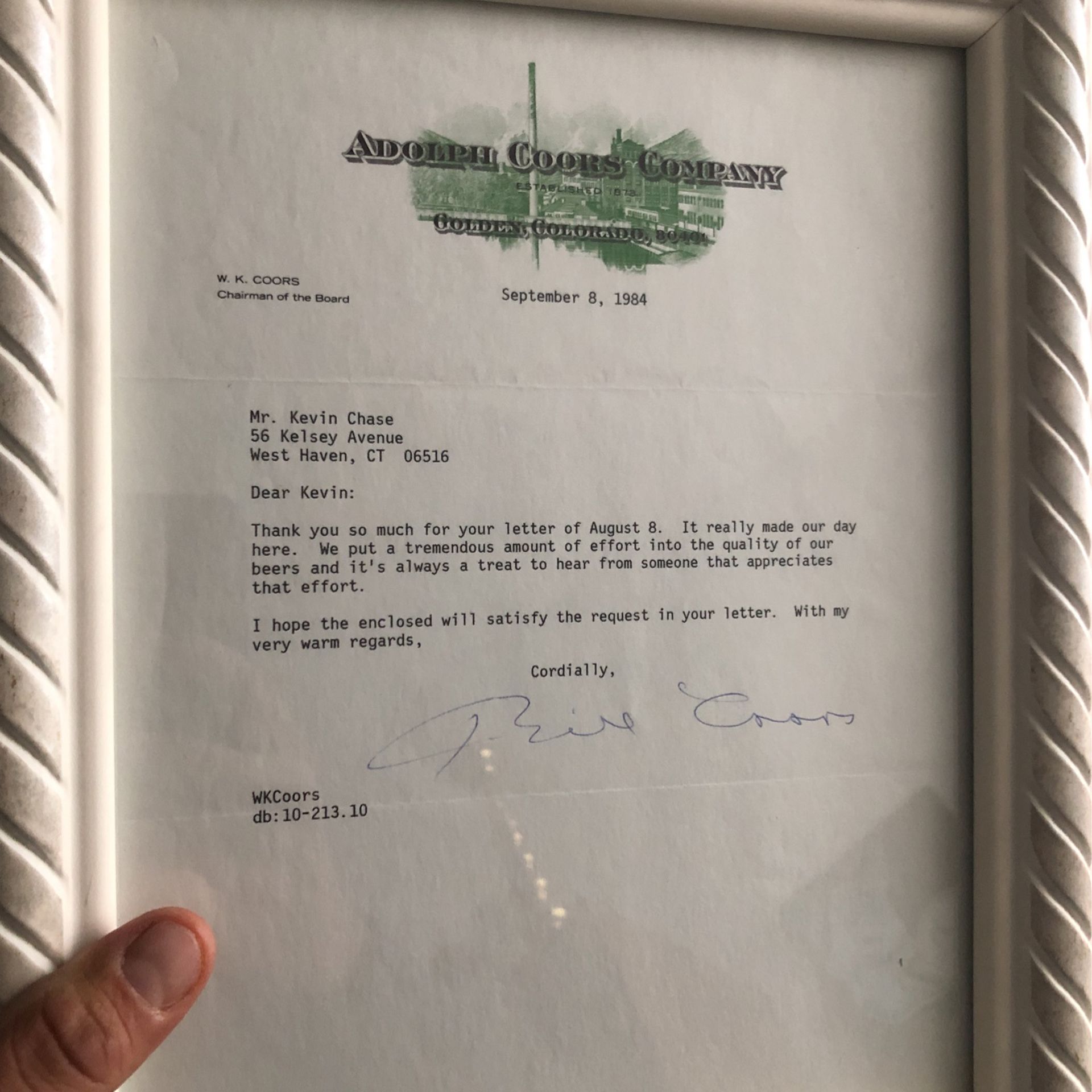Bill Coors Letter With Coa