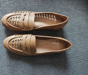 Tan Woven Leather Penny Loafers