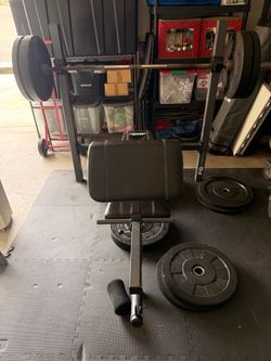 Bench press with curl bar with bumper weights, with rowing machine