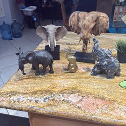 Elephant Statues, Wood Metal And Stone