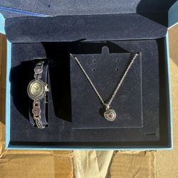 Beautiful Gift Set Of Silver Watch And Necklace With Heart Charm New In Box!
