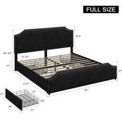 Black Full Size Bed Frame with 4 Storage Drawers and Headboard, Full Velvet Upholstered Platform Bed