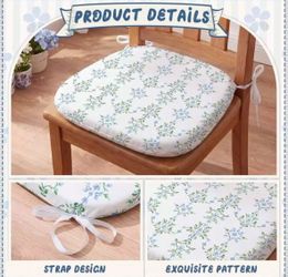 6 Set White Floral Chair Cushion with Tie Straps