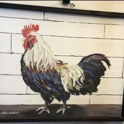 Rooster Painting Beautiful Colors Wood Frame 16” H By 20” W With Free Hen Statue 9” By 6” Country Core
