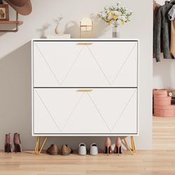 White Shoe Cabinet for Entryway, Narrow Shoe Storage Cabinet with 2 Flip Drawers, Hidden Shoe Rack for Hallway, Living Room