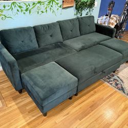 Velvet Green Couch With Movable Ottoman